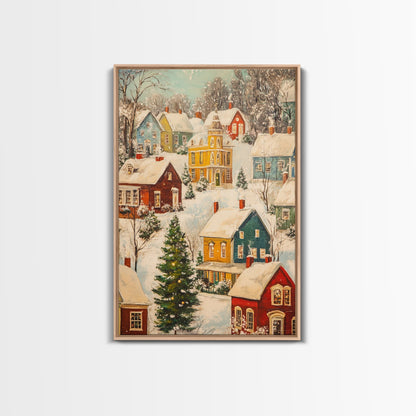 Retro Christmas Village Wall Art For Above Mantle, Framed Canvas Print, Christmas Home Decor, Christmas Wall Art, Christmas Postcard Art