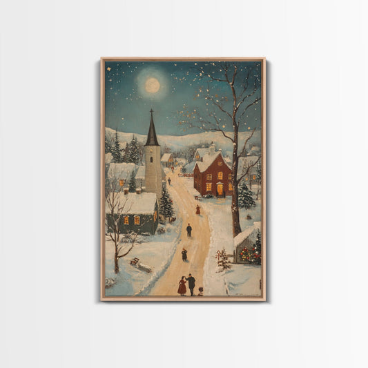 Full Moon on Christmas Even, Framed Canvas Print, Vintage Christmas Oil Painting Print, Christmas Village Wall Art, Christmas Sign, Christmas Art