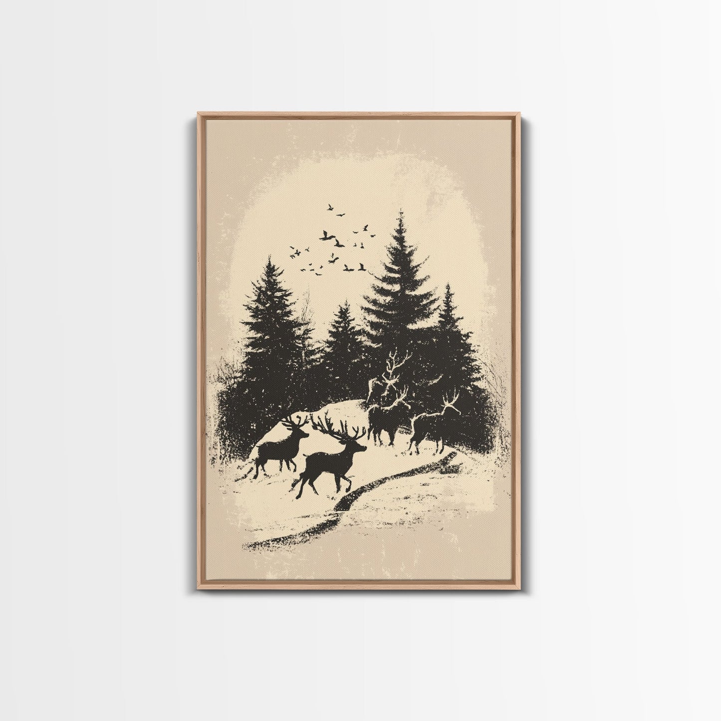 Sketch of Reindeer In The Snow Canvas Print - Framed Canvas - Minimalist Christmas Art - Boho Christmas Art - Rustic Christmas Art