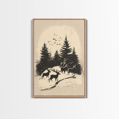 Sketch of Reindeer In The Snow Canvas Print - Framed Canvas - Minimalist Christmas Art - Boho Christmas Art - Rustic Christmas Art