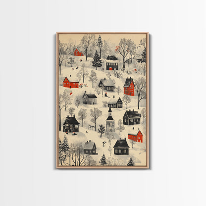 Sketch of a Christmas Village Canvas Print - Framed Canvas - Minimalist Christmas Art - Boho Christmas Art - Rustic Christmas Art