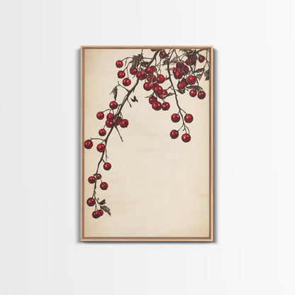 Red Holly Berries Canvas Print - Framed Canvas - Minimalist Christmas Art - Boho Christmas Art - Rustic Christmas Art