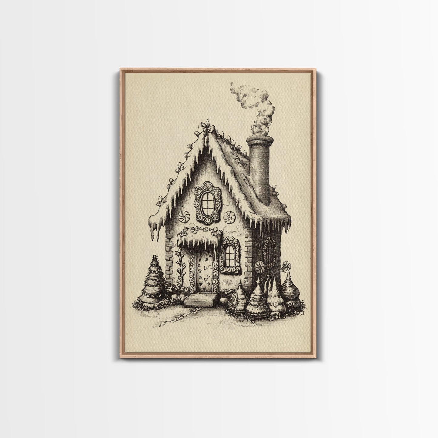 Vintage Gingerbread House Canvas Print - Framed Canvas - Minimalist Christmas Art - Boho Christmas Art - Rustic Christmas Art