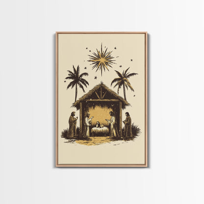 Vintage Nativity Scene Canvas Print - Framed Canvas - Minimalist Christmas Art - Boho Christmas Art - Rustic Christmas Art