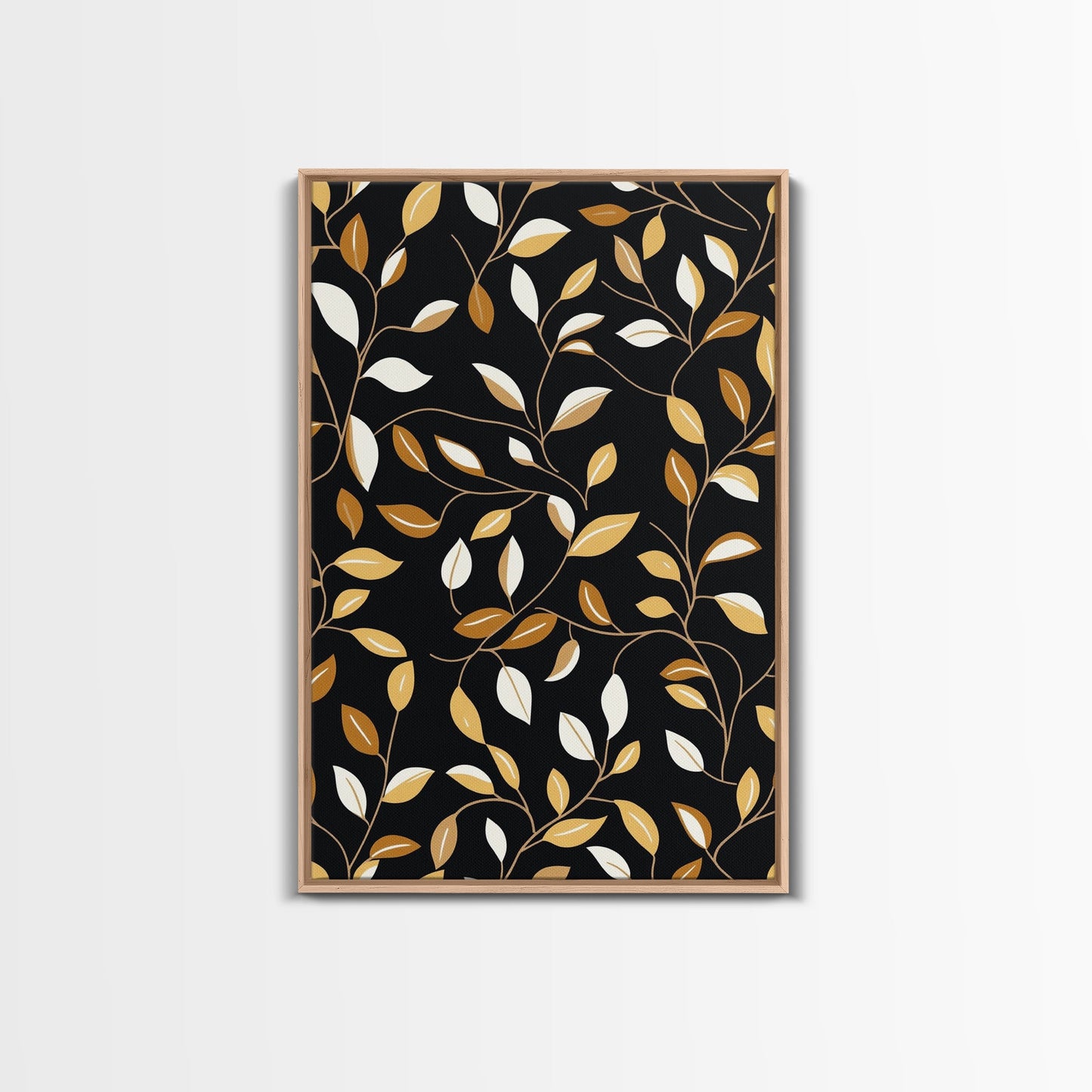 Ivy Leaves Framed Canvas Print, Mid Century Modern Pattern art, Botanical Print, Botanical Wall Art, Black Background