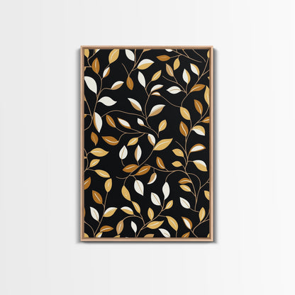 Ivy Leaves Framed Canvas Print, Mid Century Modern Pattern art, Botanical Print, Botanical Wall Art, Black Background