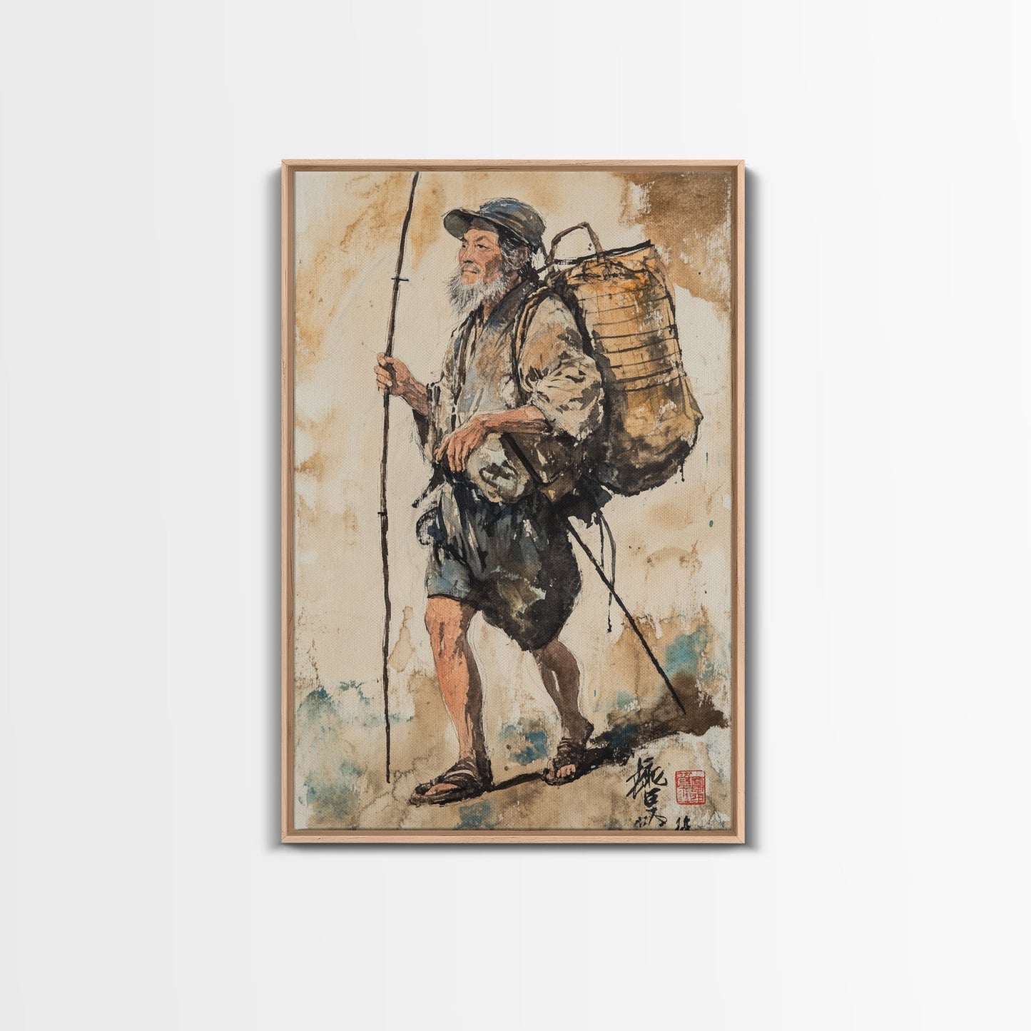 Japanese Fisherman Painting Print, Wabi Sabi Wall Art, Japanese Style Home Decor, Japanese Wood Block Print Style Art