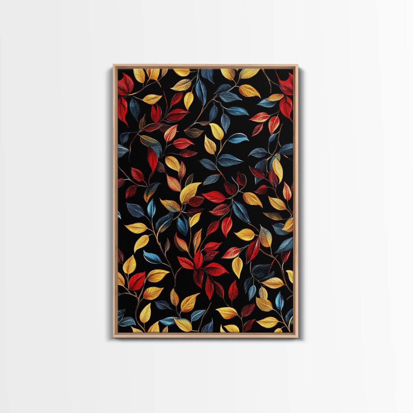 Botanical Fall Leaves Art Print On Canvas with Wood Frame, Black Background, Retro Style Home Decor