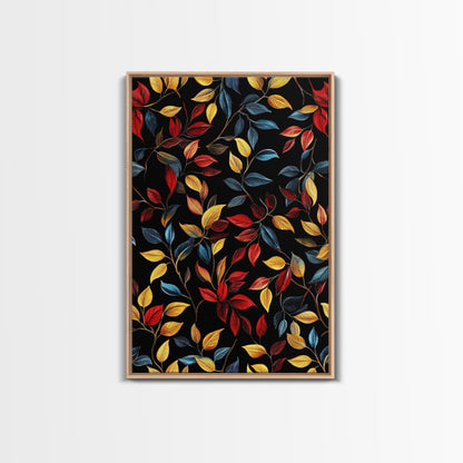 Botanical Fall Leaves Art Print On Canvas with Wood Frame, Black Background, Retro Style Home Decor