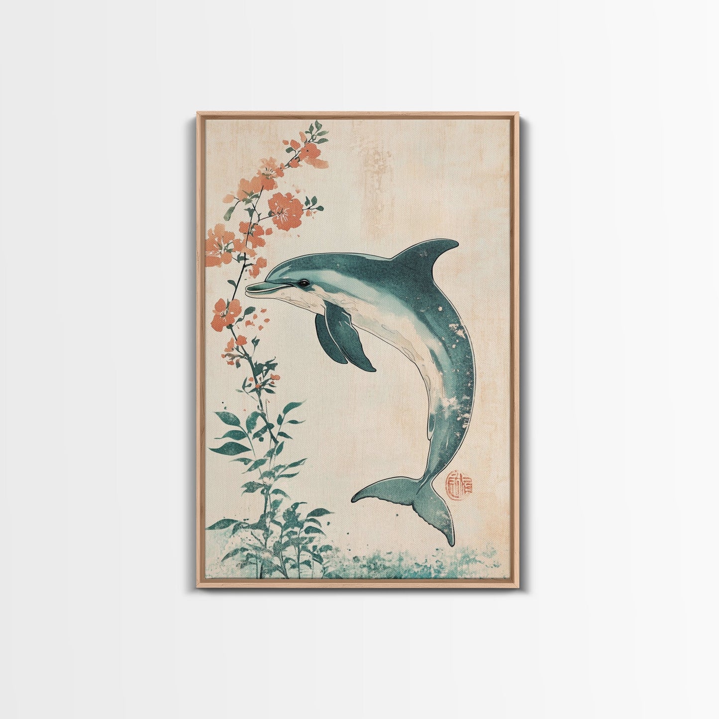 Cherry Blossoms and Dolphins, Framed Canvas Print, Home Decor, Wabi Sabi Dolphin Painting, Minimalist Decor, Living Room Art, Bedroom Art