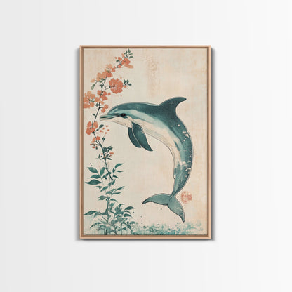 Cherry Blossoms and Dolphins, Framed Canvas Print, Home Decor, Wabi Sabi Dolphin Painting, Minimalist Decor, Living Room Art, Bedroom Art