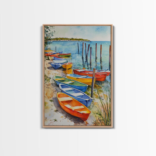 Kayaks On The Ocean Framed Canvas Print, Maine Painting, Coastal Decor, Cute Coastal Wall Art, Preppy Decor, Coastal Landscape Painting