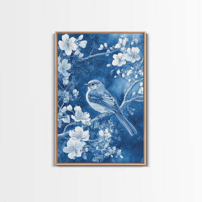 Blue Botanial Wall Art Chinoiserie Wall Art, White Bird, Blue Chinoiserie Home Decor, Botanical Print, Bird Painting, Ready To Hang