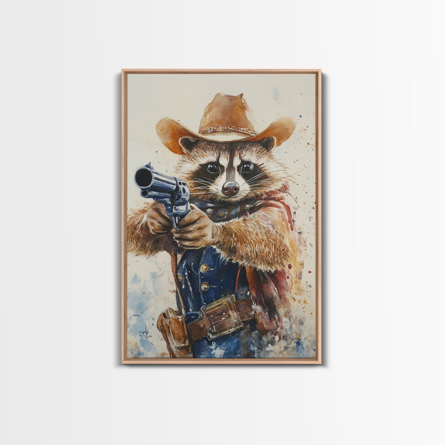 Rootin' Tootin' Racoon Cowboy, Framed Canvas Print, Ready to Hang, Racoon Painting