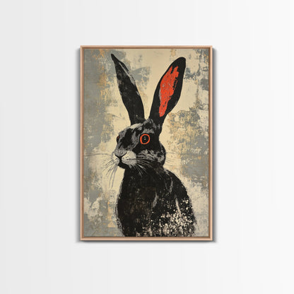 The Black Bunny, Framed Canvas Print Ready To Hang, Bunny Rabbit Art, Rabbit Painting, Minimalist Japanese Style Art