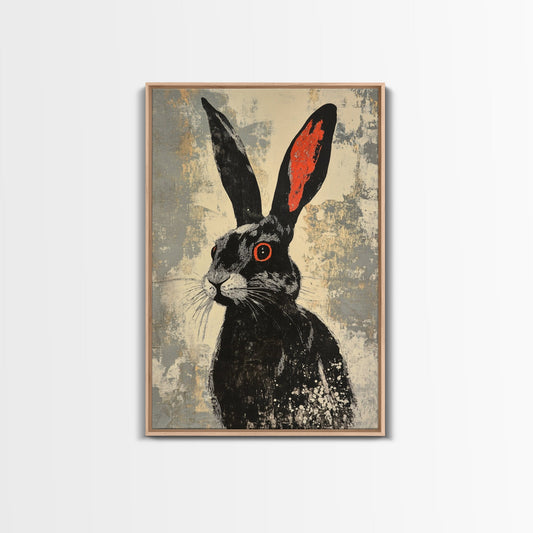 The Black Bunny, Framed Canvas Print Ready To Hang, Bunny Rabbit Art, Rabbit Painting, Minimalist Japanese Style Art