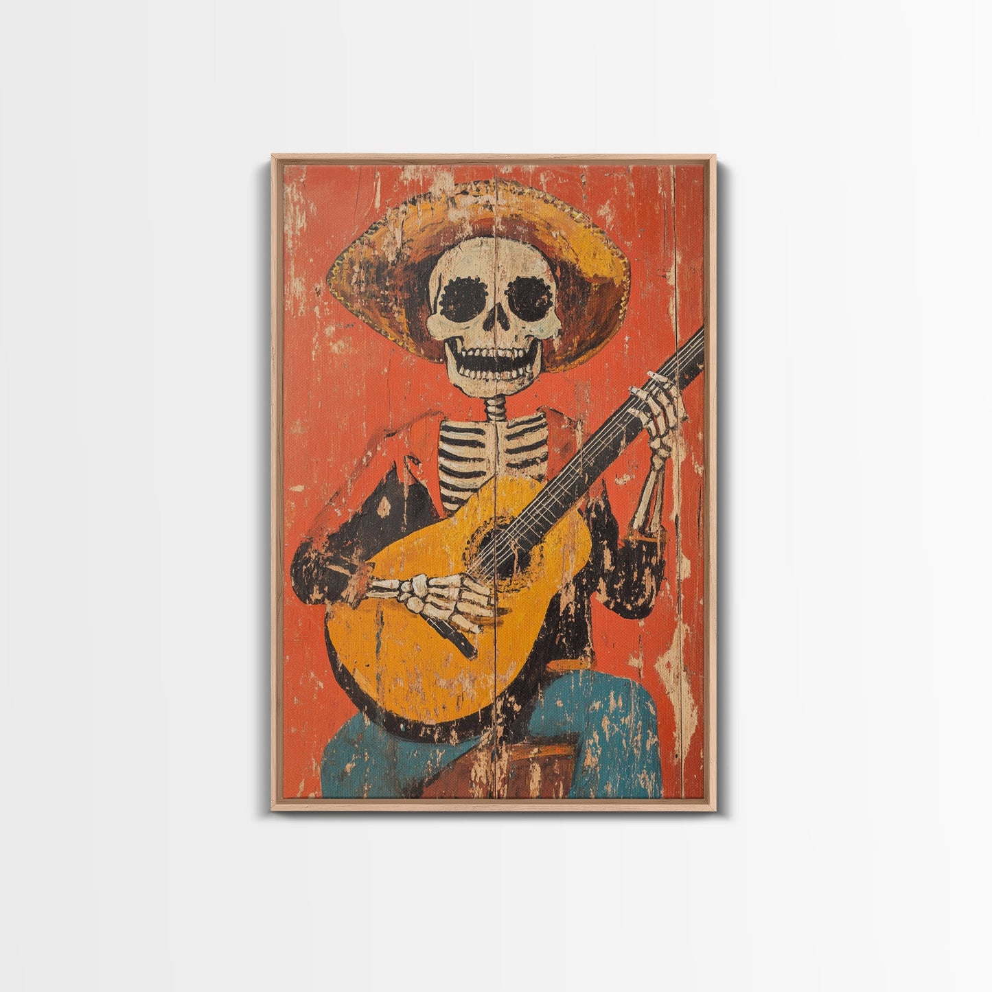 Arte Mexicano - Framed Canvas Print - Chicano Art - Skeleton Vaquero playing a guitarra, Mexican Inspired Wall Art, Southwestern Art