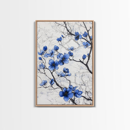Wabi Sabi Wall Art Framed Canvas Print, Chinoiserie Wall Art, Chinoiserie Style Home Decor, Blue Flower Floral Print Wall Decor