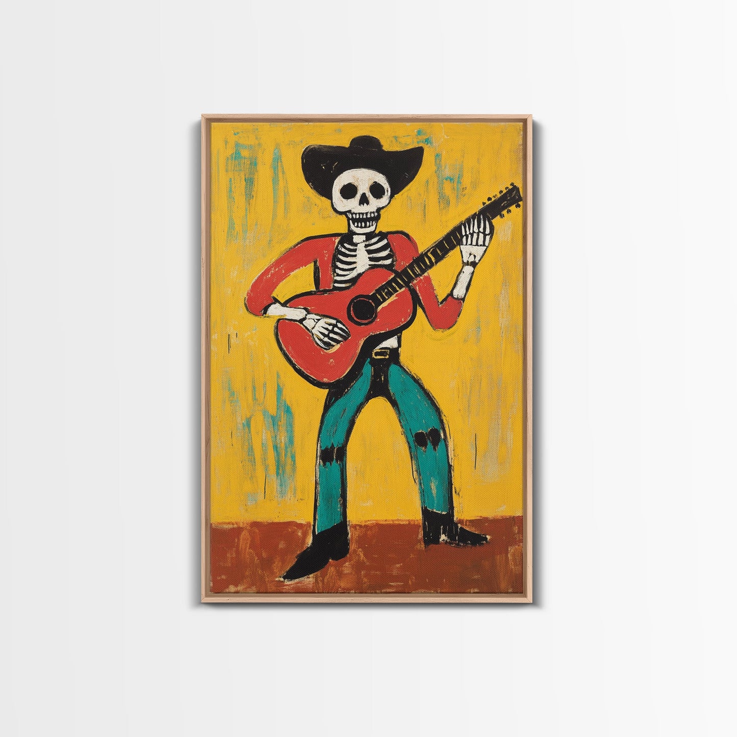 Canvas Print Of a Cowboy Skeleton Guitarist, Mexicano Art, Chicano Art, Original Artwork, Vaquero Art