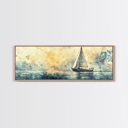 Sailboat on a Calm Sea Framed Canvas Print, Nautical Home Decor, Nautical Landscape Painting, Beach Decor, Abstract Wall Art