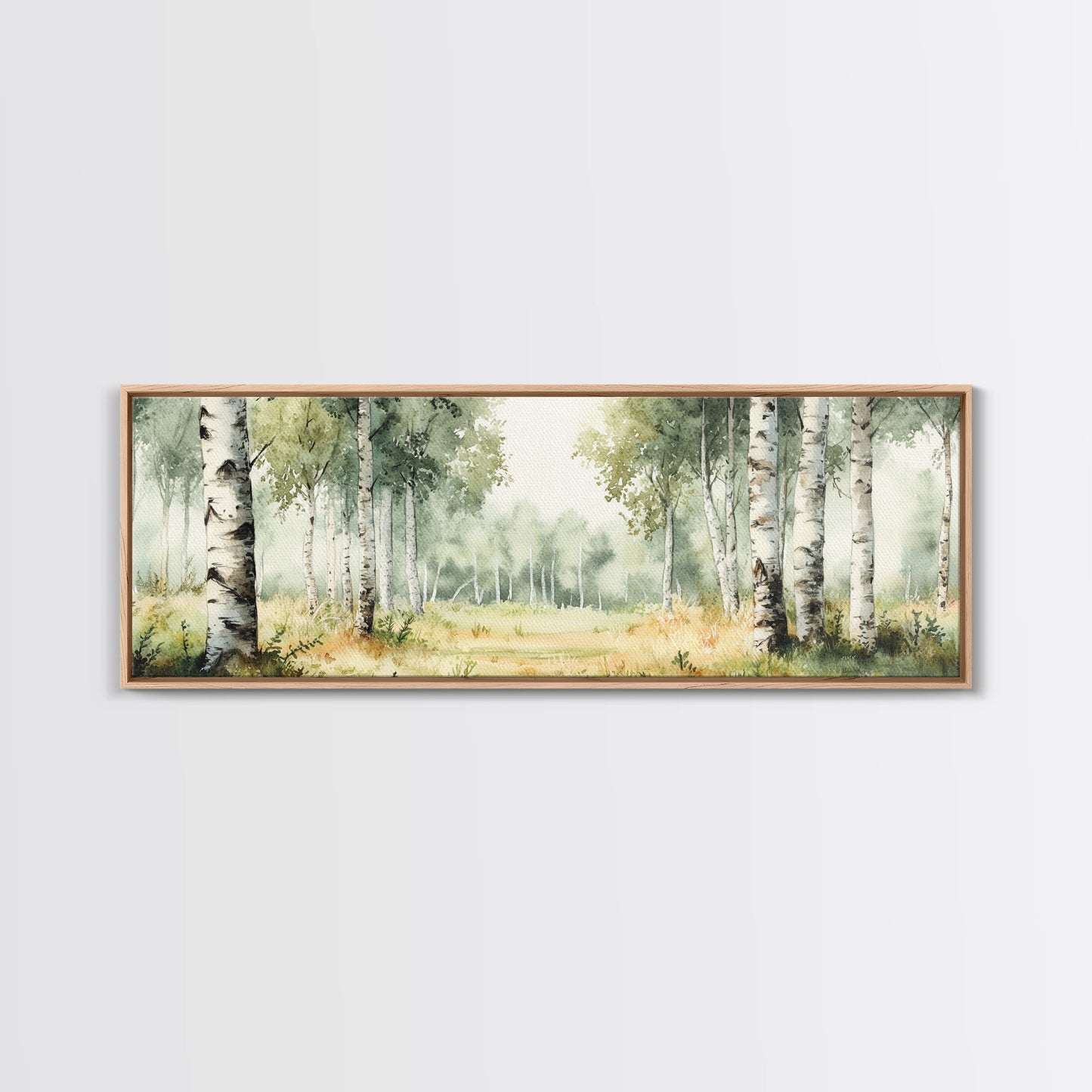 Silver Birch Trees in Spring Panoramic Canvas Print, Panoramic Painting, Aspen Trees Painting, Forest Landscape Horizontal Wall Art
