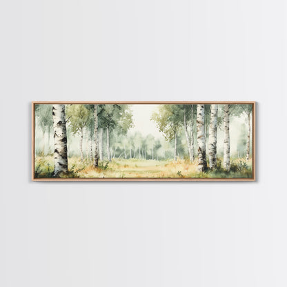 Silver Birch Trees in Spring Panoramic Canvas Print, Panoramic Painting, Aspen Trees Painting, Forest Landscape Horizontal Wall Art