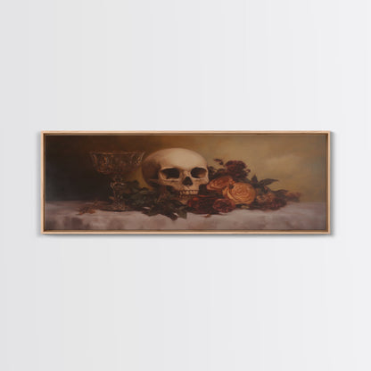 Skull and Flowers Canvas Print, Panoramic Goth Art, Extra Wide Wall Art, Goth Home Decor, Wide Art, Gothic Dark Academia Witchy Wall Art