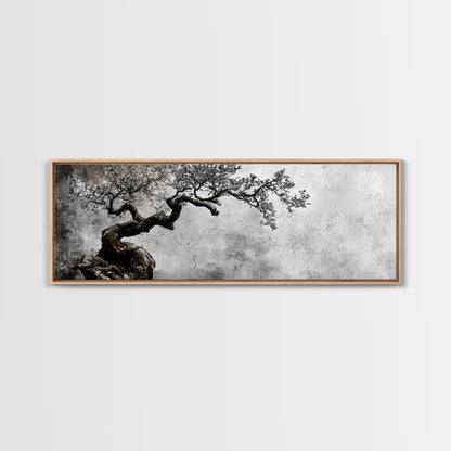 Black and White Bonzai Tree Framed Canvas Print, Wabi Sabi Japanese Style Home Decor, Minimalist Art, Moody Decor, Moody Art
