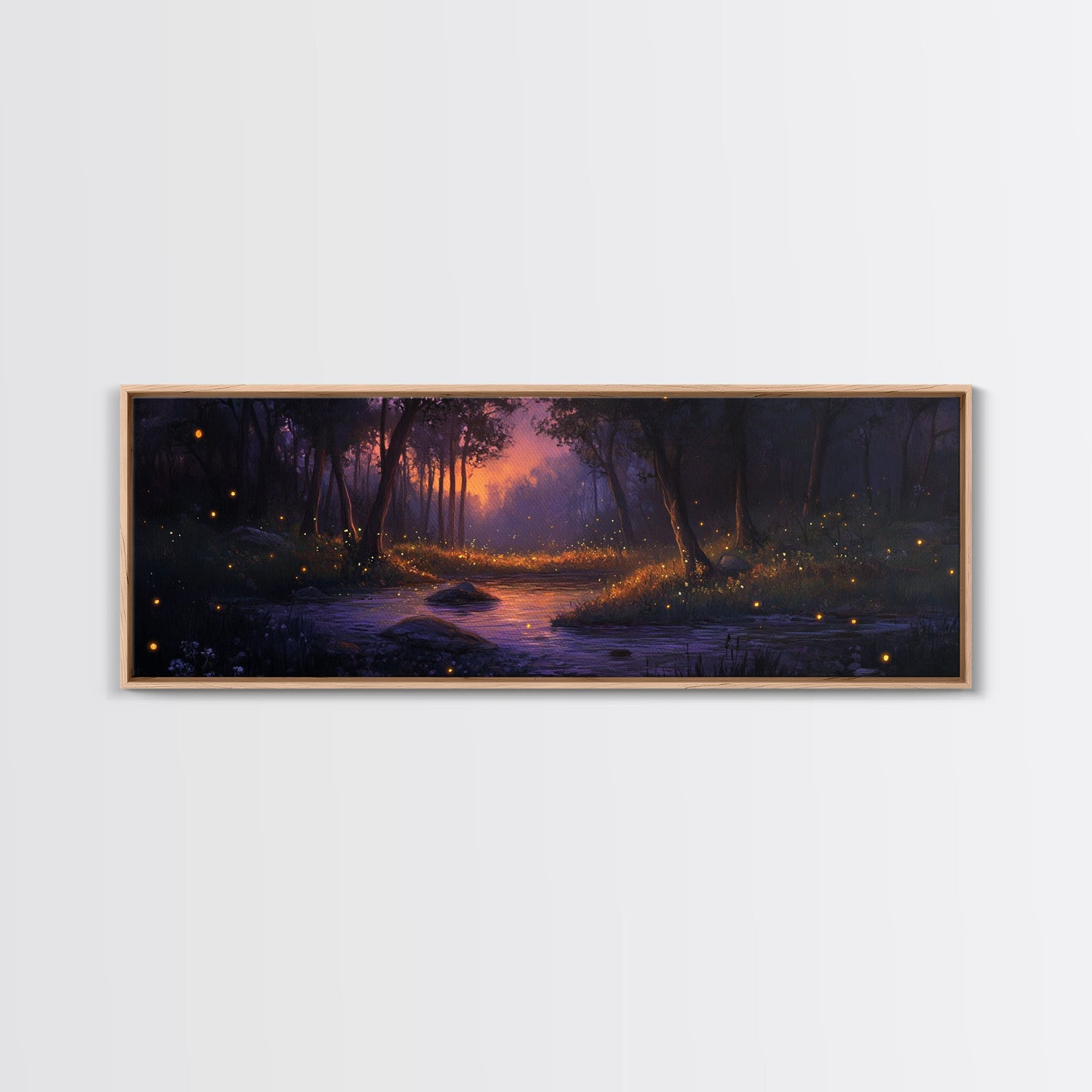 Panoramic Fantasy Forest Canvas Print, Fireflies Light Up The Night Sky in A Fantasy Forest,  Fantasy Painting