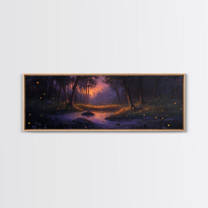 Panoramic Fantasy Forest Canvas Print, Fireflies Light Up The Night Sky in A Fantasy Forest,  Fantasy Painting