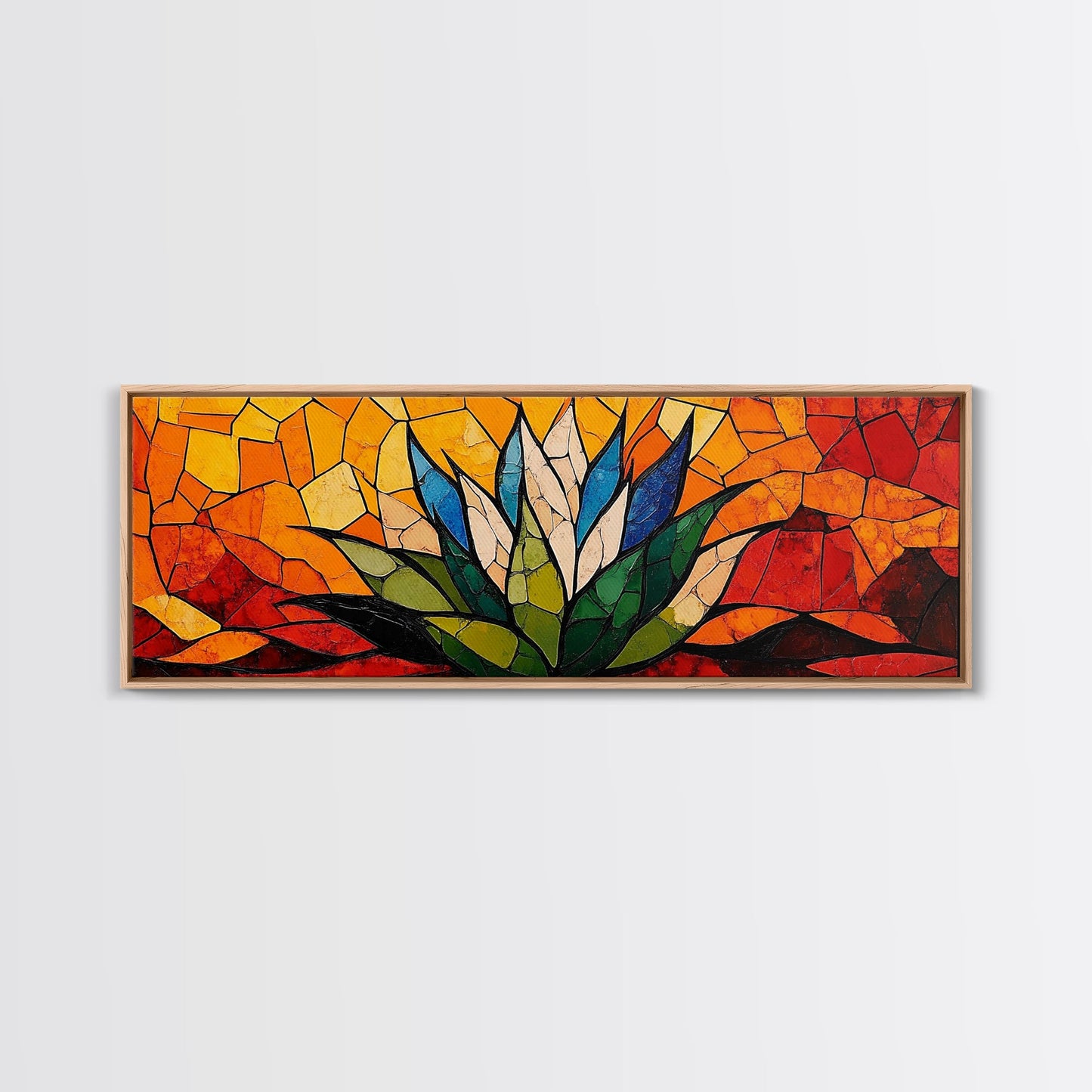Stained Glass Style Blue Agave Wall Art Canvas Print, Mexicano Wall Art, Panoramic Southwestern Home Decor, Modern Farmhouse Rustic Art
