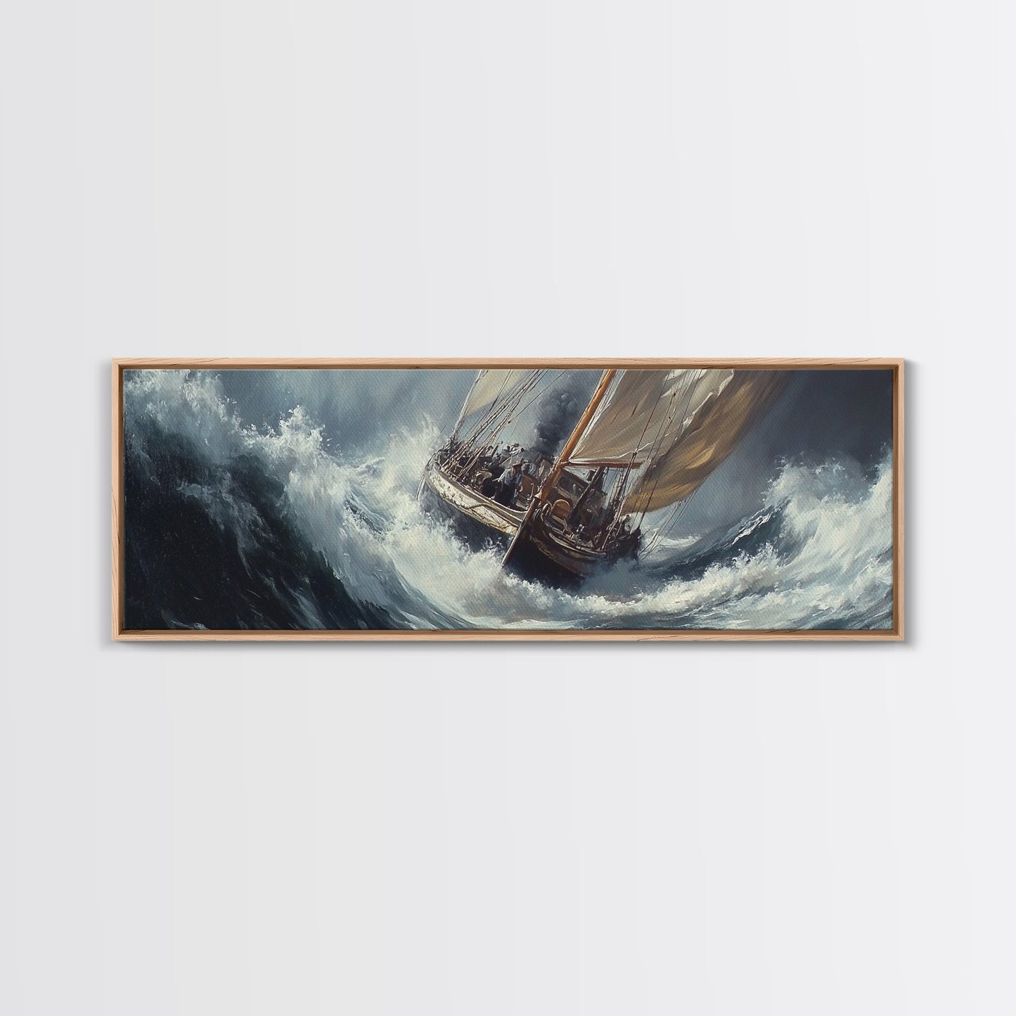 The Storm and the Sailboat Framed Canvas Print - Sailboat Painting - Nautical Decor - Hurricane Painting - Nautical Sailboat Landscape Painting