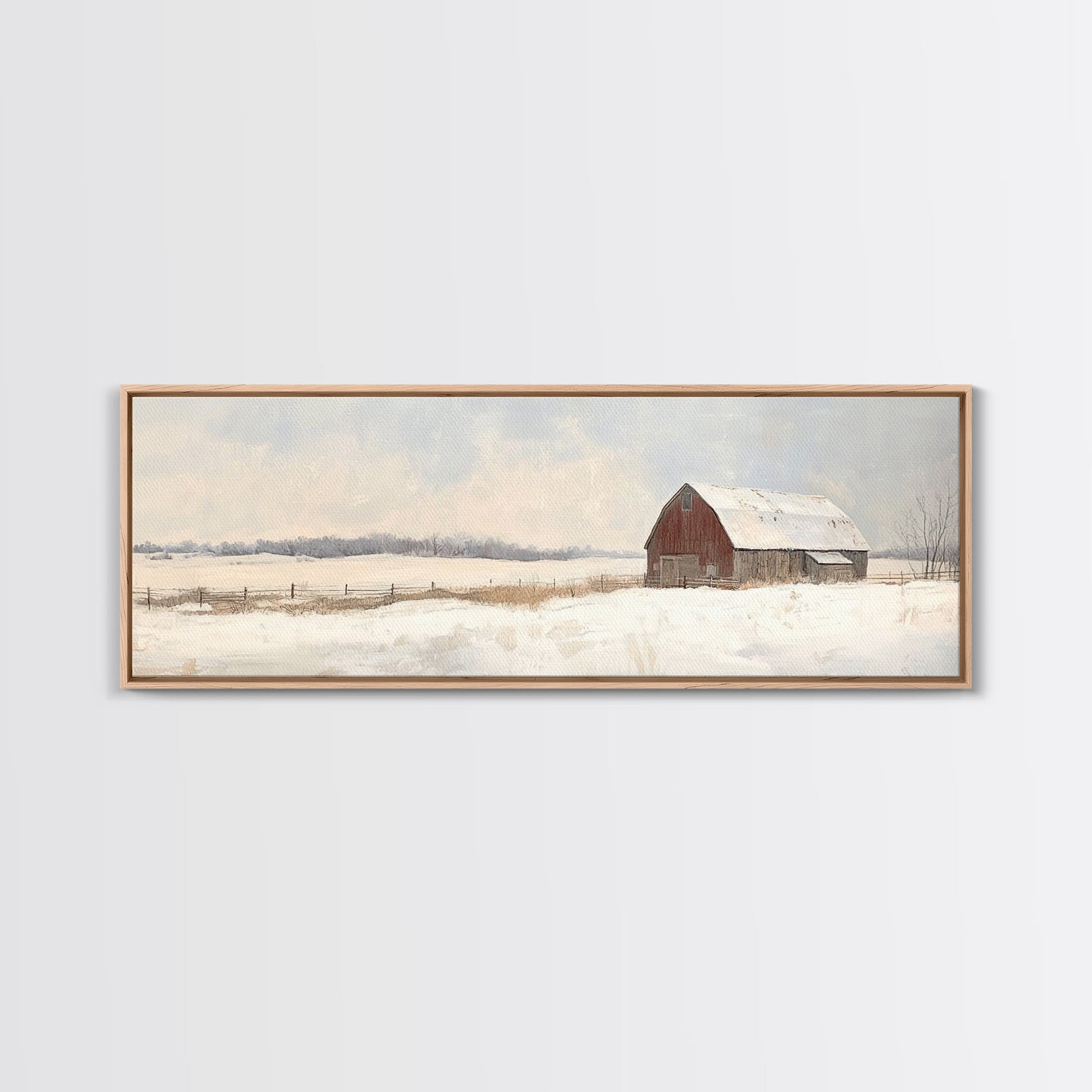Barn Landscape Oil Painting Print - Retro Farm Wall Art - Village Wall Art - Old Red Barn In Winter - Winter Landscape - Winter Centerpiece Art