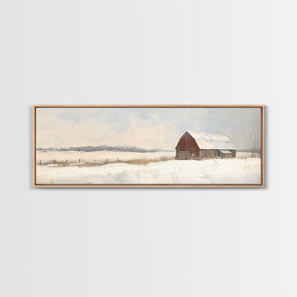 Barn Landscape Oil Painting Print - Retro Farm Wall Art - Village Wall Art - Old Red Barn In Winter - Winter Landscape - Winter Centerpiece Art