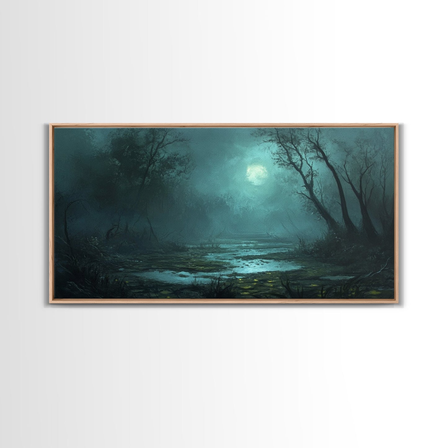 Dark and Moody Wall Art Framed Canvas Print, Oil Painting of a Swamp, Moody Landscape Wall Art