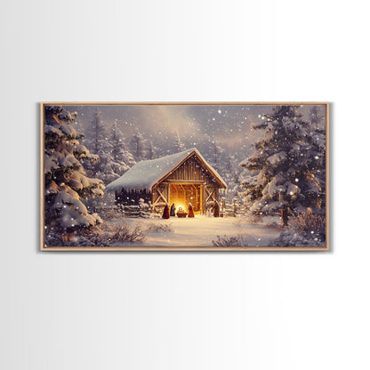 Nativity Scene Framed Canvas Print, Jesus in His Manger, Christmas Wall Art, Christmas Centerpiece Art, Nativity Oil Painting