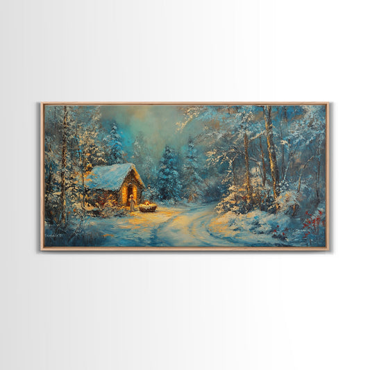 Above Mantle Christmas Wall Art, Framed Canvas Print, Cabin Art, Wall Art For Cabin, Winter Landscape Painting, Winter Themed Home Decor