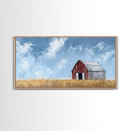 Old Building Farm In A Wheat Field, Framed Canvas Painting Print, Panoramic Rural Landscape Wall Art Rustic Barn Country Side Ready To Hang
