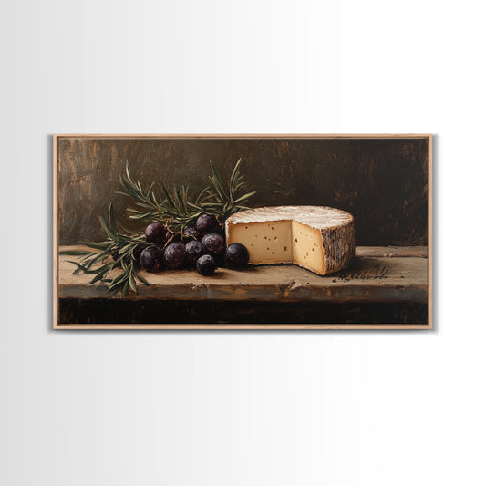 Still Life of FIgs and Cheese - Framed Canvas Print Ready To Hang Wall Art - Oil Painting Of Cheese, Cheese Painting, Kitchen Art