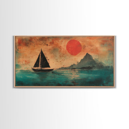 Wabi Sabi Wall Art, Japanese Sailboat Painting Print, Framed Canvas, Ocean Art, Beach House Decor, Bedroom Wall Art, Nautical Wall Art