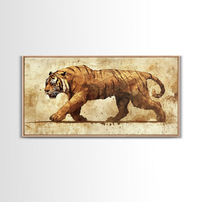 Tiger On The Hunt, Framed Canvas Print, Wabi Sabi Tiger Painting, Elegant Japanese Style Artwork