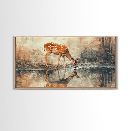 Reflection of a Deer Drinking Water - Framed Canvas Print - Cute Farmhouse Wall Art - Farmhouse Decor