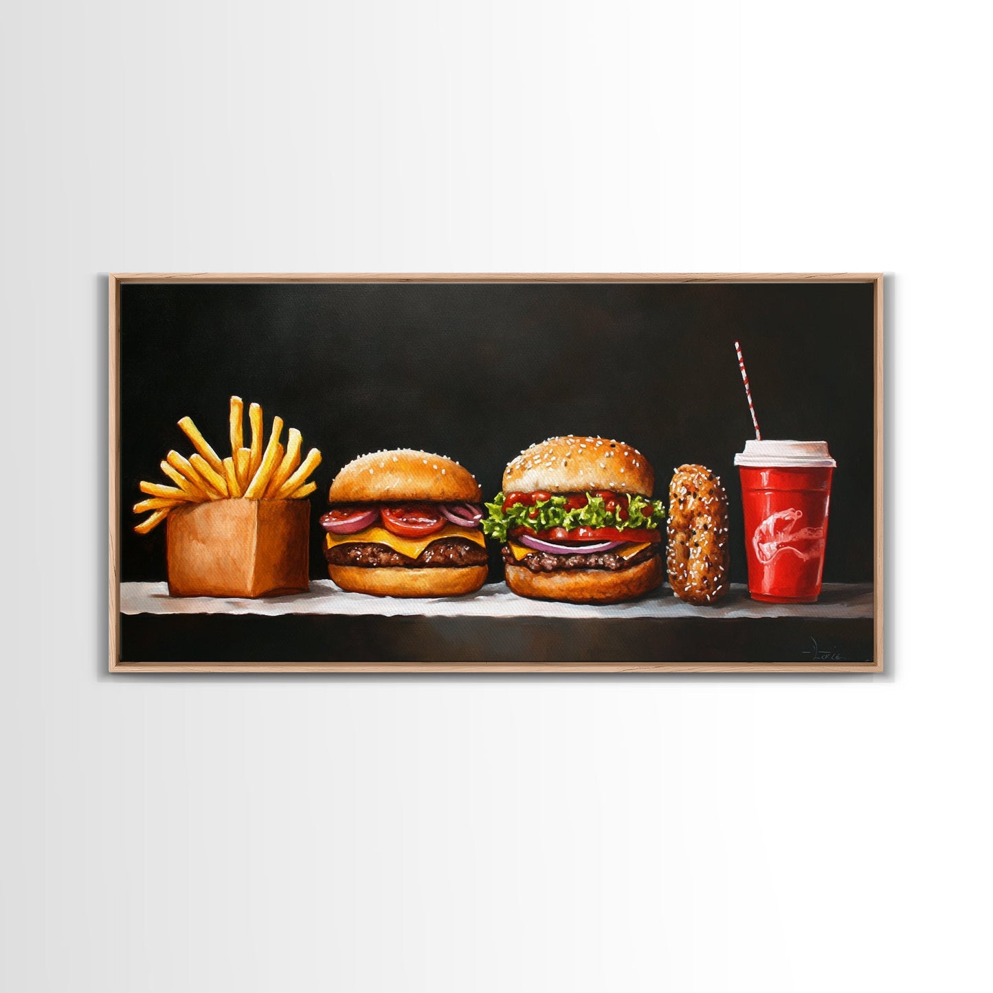 Burger and Fries Framed Canvas Print, Kitchen Canvas Art, Kitchen Wall Art, Burger Painting, Burger Art, Dining Room Wall Art