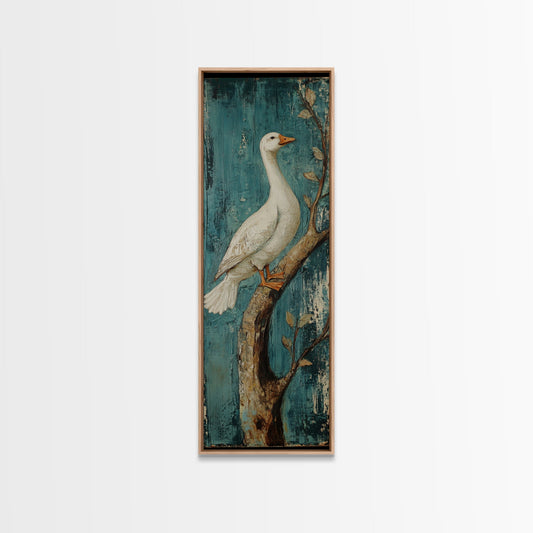 Framed Canvas Print Goose on Branch Rustic Wall Art Farmhouse Decor Vintage Skinny Art Cottagecore Wall Art Bedroom Art Tall Narrow