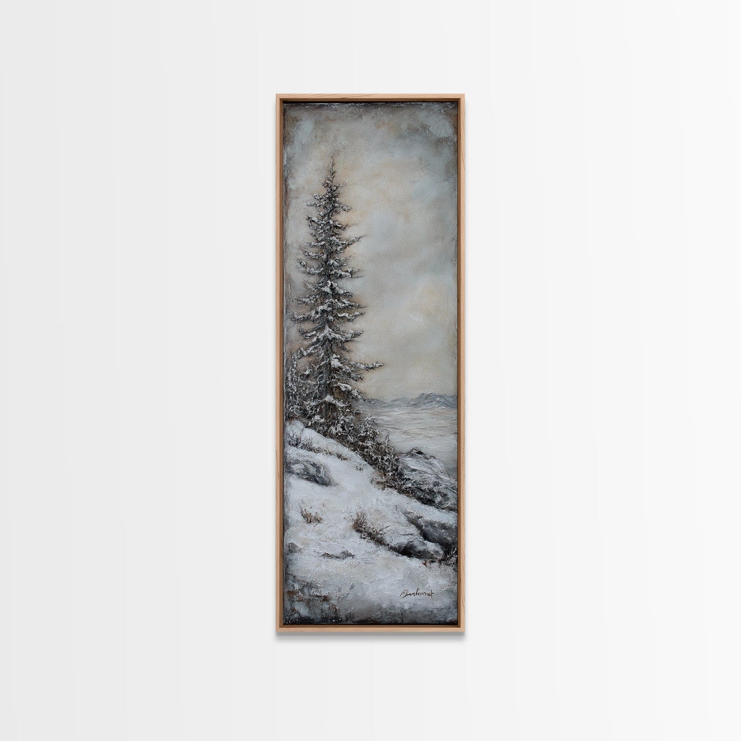 Framed Canvas Print Winter Pine Tree Art Rustic Landscape Wall Art Tall Narrow Art Cozy Cabin Decor Above Sofa Art