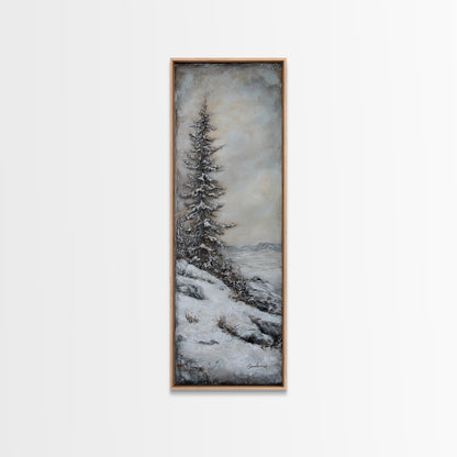Framed Canvas Print Winter Pine Tree Art Rustic Landscape Wall Art Tall Narrow Art Cozy Cabin Decor Above Sofa Art