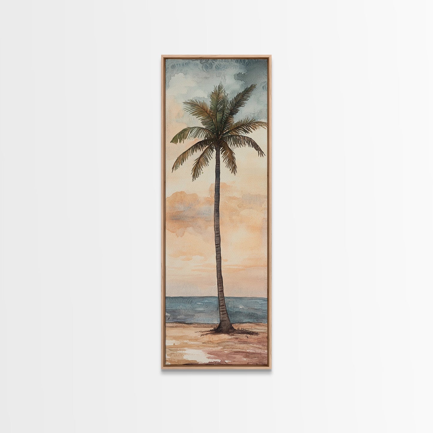 Framed Canvas Print Coastal Palm Tree Art, Sunset Beach Scene, Tropical Coastal Wall Art, Nautical Decor, Skinny Wall Art Gift Idea