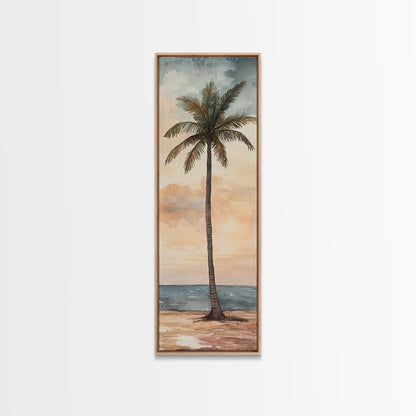 Framed Canvas Print Coastal Palm Tree Art, Sunset Beach Scene, Tropical Coastal Wall Art, Nautical Decor, Skinny Wall Art Gift Idea
