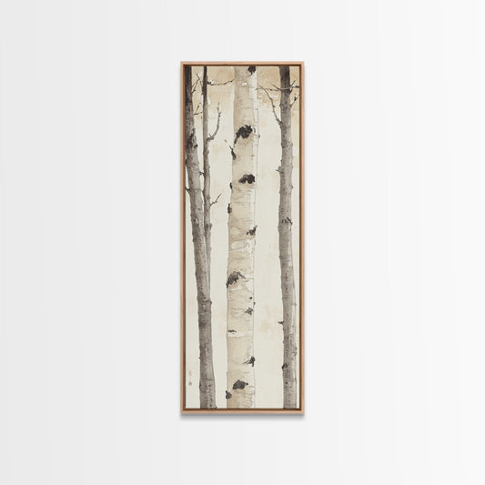 Vintage Birch Tree Scene Canvas Print – Wabi Sabi Art, Neutral Tones, Rustic Wall Art, Minimalist Decor, Guest Room Art, Tall Skinny Art