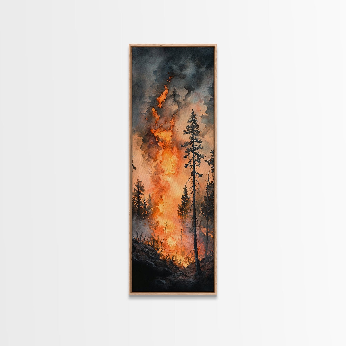 Fiery Forest Flames Canvas Print – Dark Moody Art, Forest Fire Scene, Dramatic Wall Art, Wabi Sabi Wall Art, Above Bed Decor, Rustic Wall Art